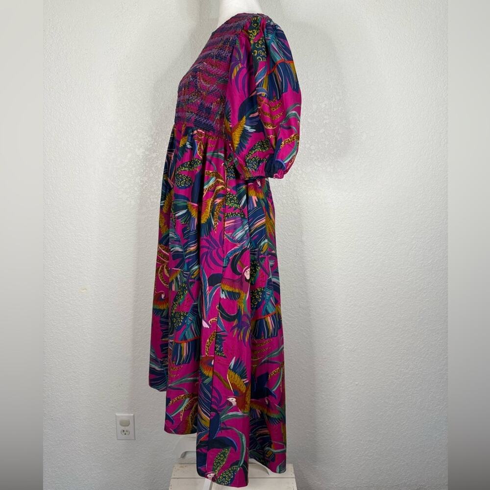NWT FARM Rio Rainbow Macaws Smocked Puff Sleeve Midi Dress Tropical Resortwear - Picture 3 of 11